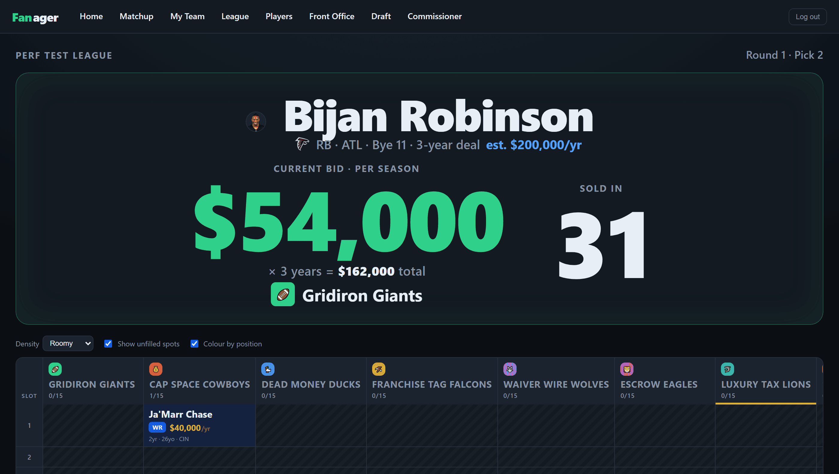 Fanager's draft board display showing Bijan Robinson on the block at $54,000 per season, bid by the Gridiron Giants, with 31 seconds left.